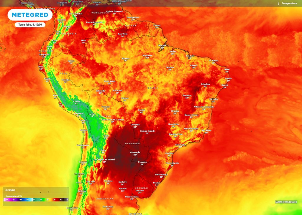 Temperatura máxima prevista para o Brasil na tarde de terça-feira (04).