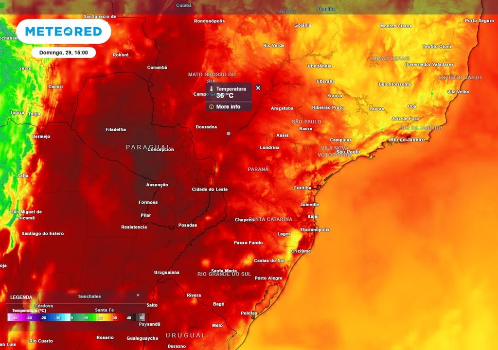Previsão de temperaturas máximas neste domingo durante a tarde mostra que valores altos de 36°C, podendo, em alguns municípios pontuais, chegar a um calor de até 37°C ou 38°C.