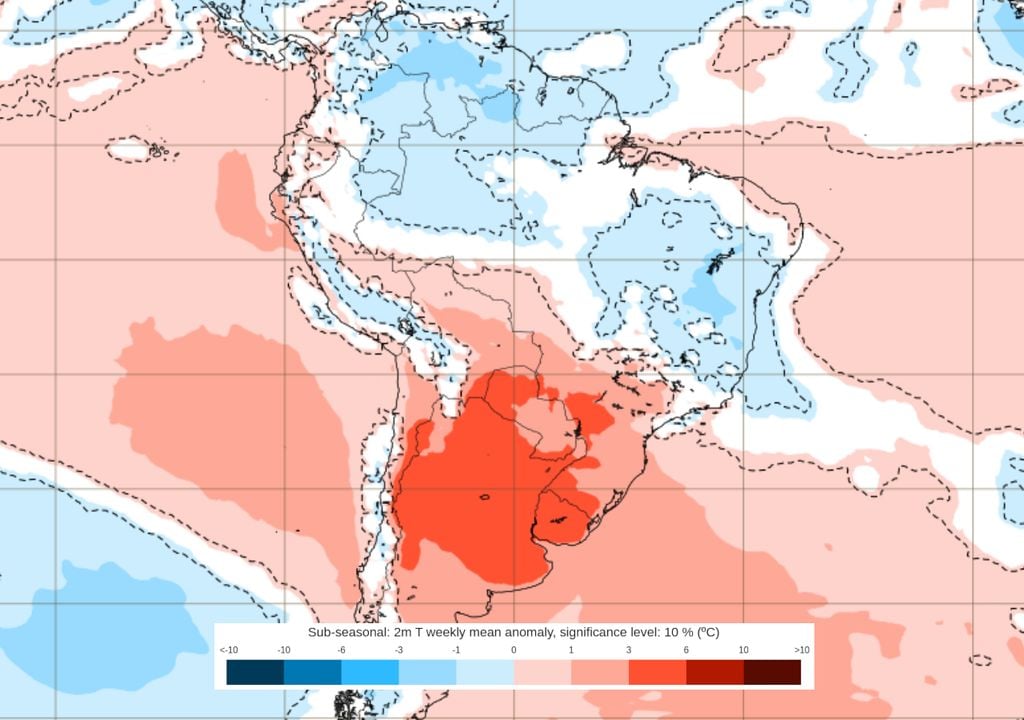 Previsão de anomalias de temperatura em 2m entre os dias 30 de março e 6 de abril (ECMWF)