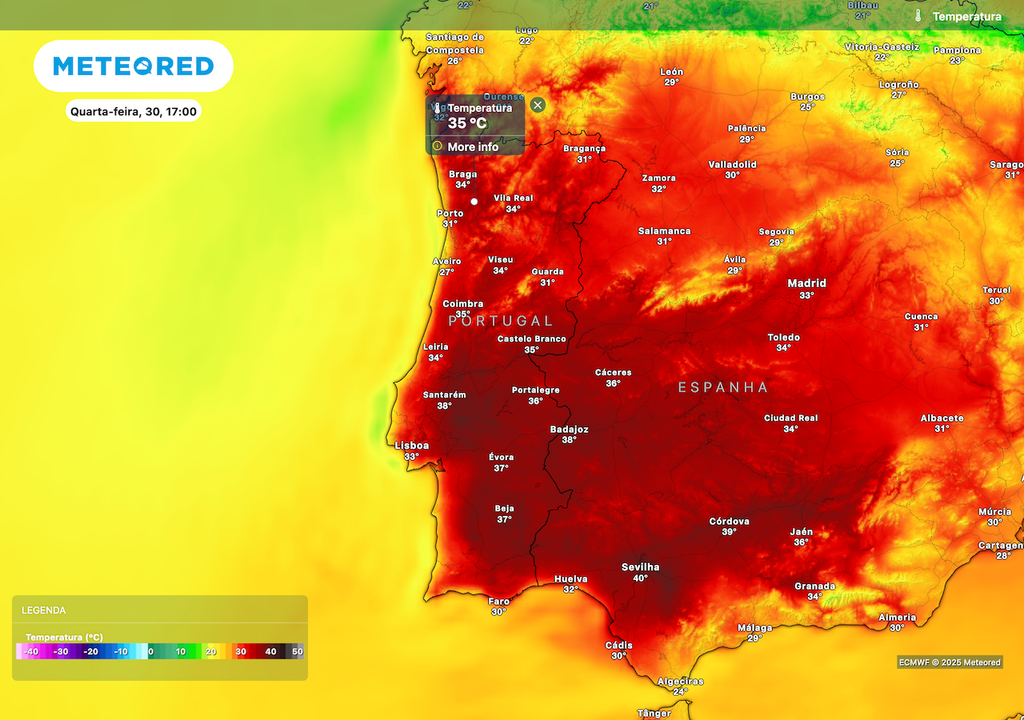 Temperaturas acima dos 35 ºC em grande parte do território Temperaturas acima dos 35 ºC em grande parte do território