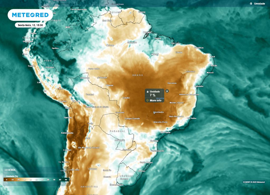 Umidade relativa do ar prevista para a tarde de sexta-feira (12).