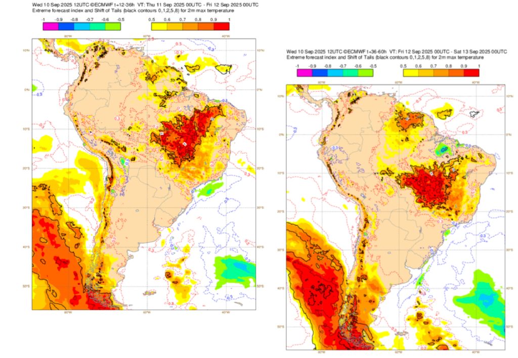 EFI para temperatura máxima entre os dias 11 e 12 (esquerda) e 12 e 13 de Setembro (direita). Fonte: ECMWF.