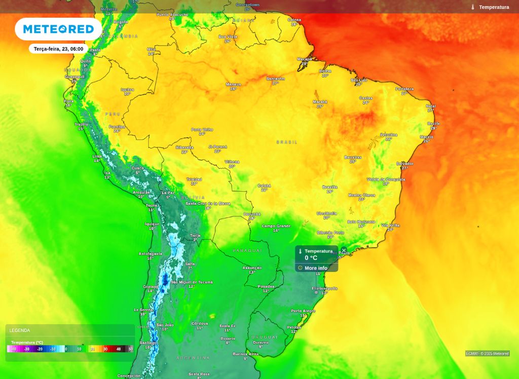 Temperatura mínima prevista para a manhã desta terça-feira (23). Temperatura mínima prevista para a manhã desta terça-feira (23).