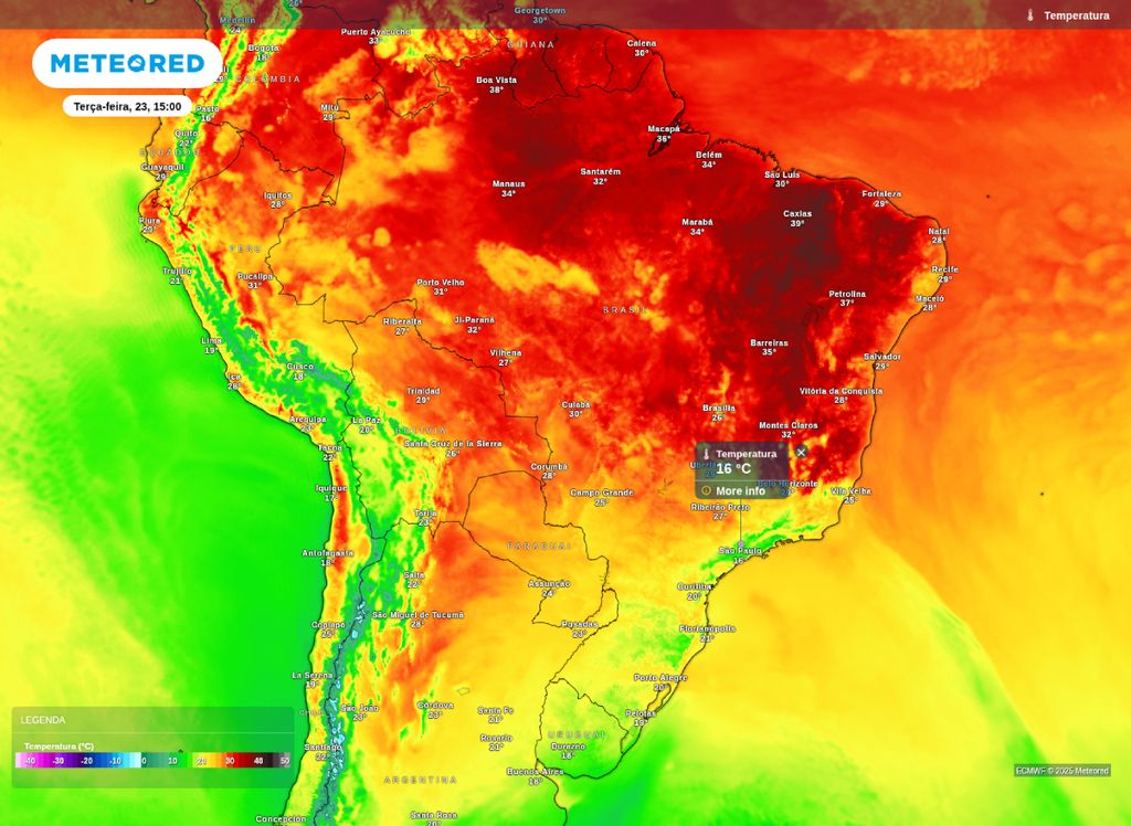 Temperatura máxima prevista para esta terça-feira (23). Temperatura máxima prevista para esta terça-feira (23).