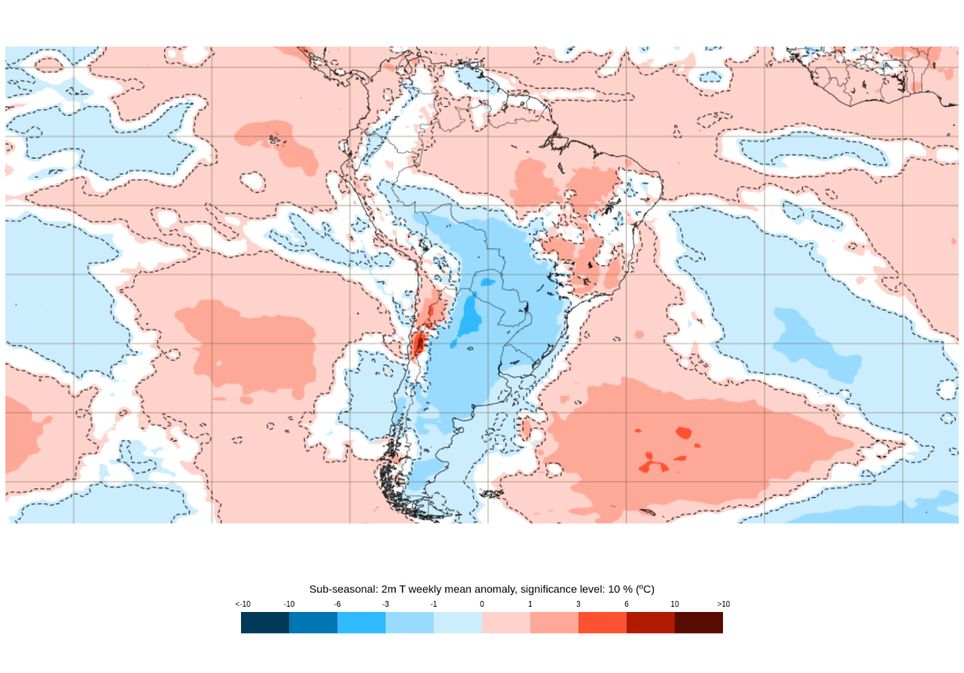 Mapa de anomalia de temperatura entre os dias 26 de maio e 2 de junho, de acordo com o modelo ECMWF.