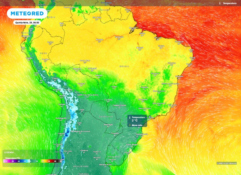 Temperatura mínima prevista para o Brasil na manhã de quinta-feira (29), segundo o modelo ECMWF.