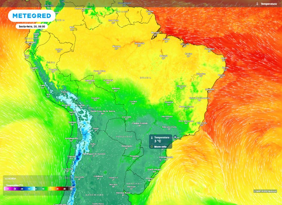 Temperatura mínima prevista para o Brasil na manhã de sexta-feira (30), segundo o modelo ECMWF.