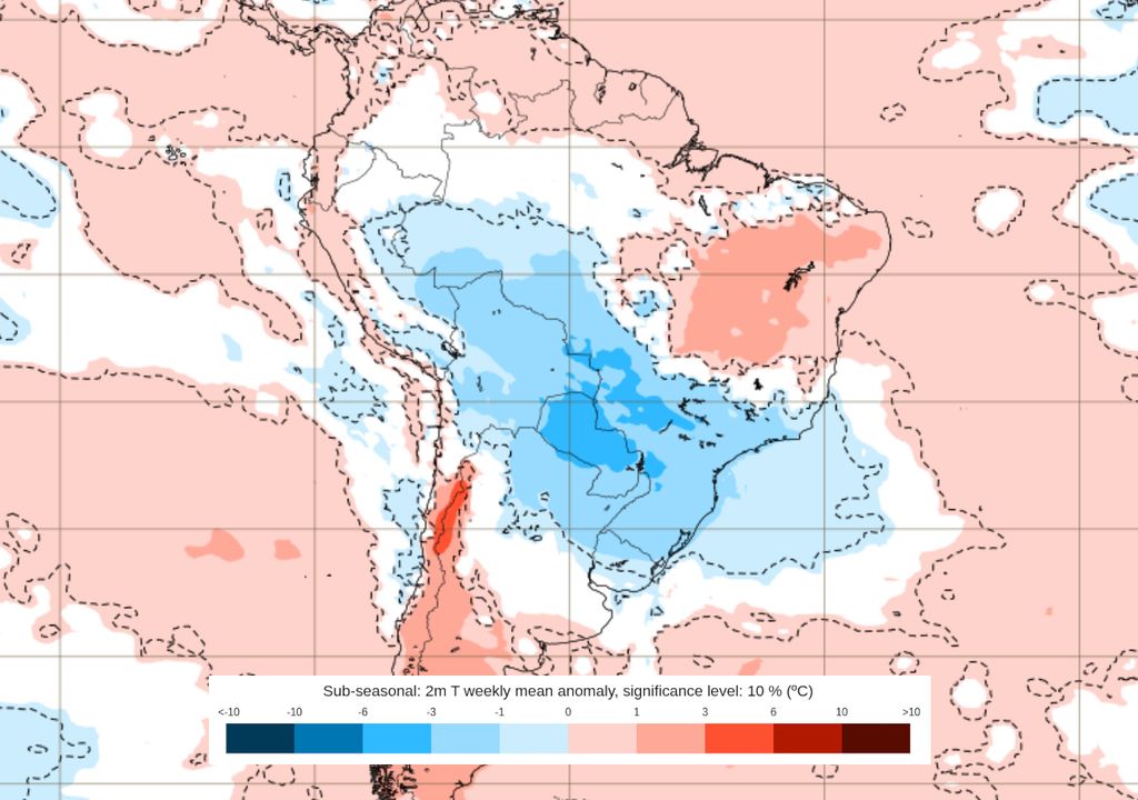 Previsão de anomalias de temperatura entre os dias 28 de julho e 4 de agosto. Previsão de anomalias de temperatura entre os dias 28 de julho e 4 de agosto.