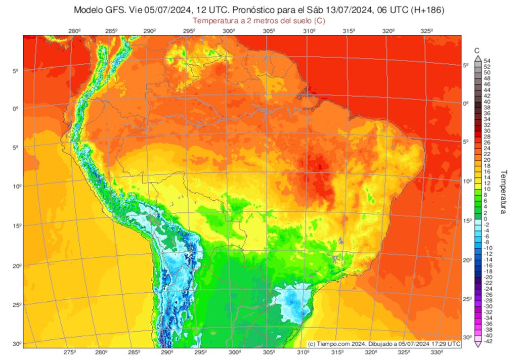 Previsão de temperaturas mínimas (GFS) no próximo sábado