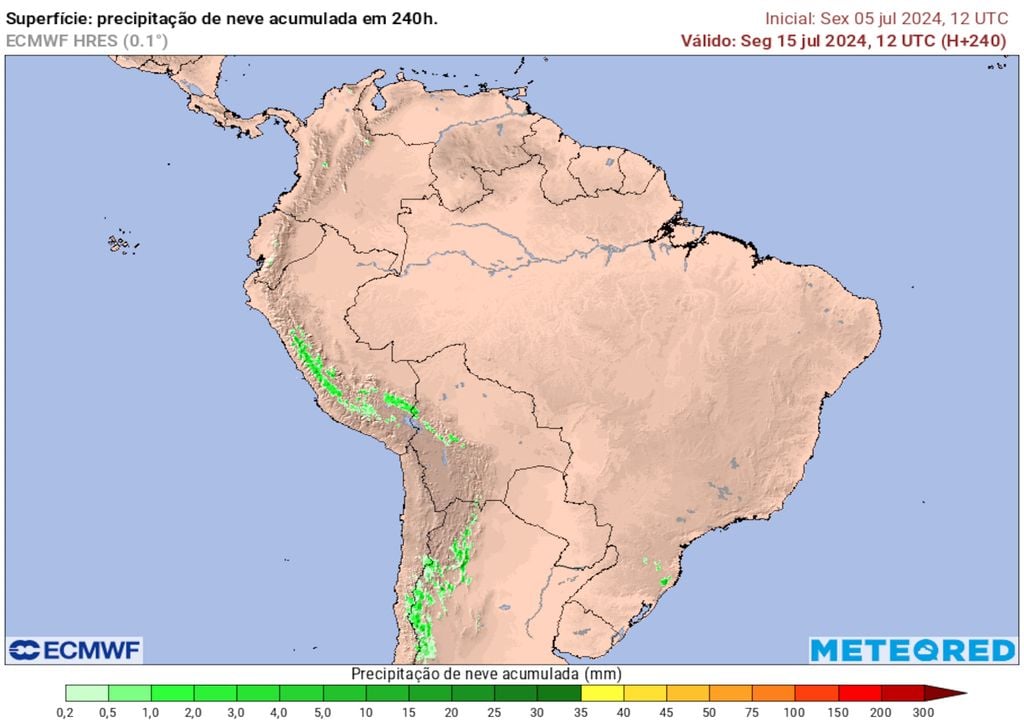 Previsão de acumulado total de neve (ECMWF) até o próximo domingo