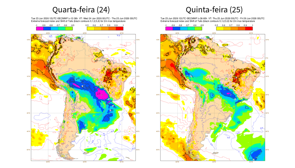 EFI do ECMWF para a temperatura máxima quarta (24) e quinta-feira (25). Créditos: Adaptado de ECMWF. EFI do ECMWF para a temperatura máxima quarta (24) e quinta-feira (25). Créditos: Adaptado de ECMWF.