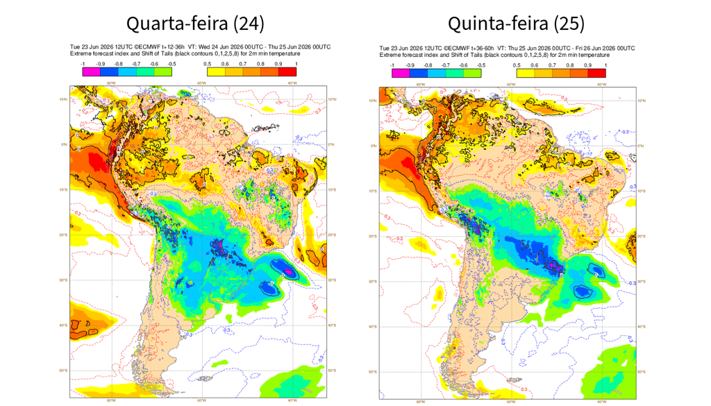 EFI do ECMWF para a temperatura mínima quarta (24) e quinta-feira (25). Créditos: Adaptado de ECMWF. EFI do ECMWF para a temperatura mínima quarta (24) e quinta-feira (25). Créditos: Adaptado de ECMWF.