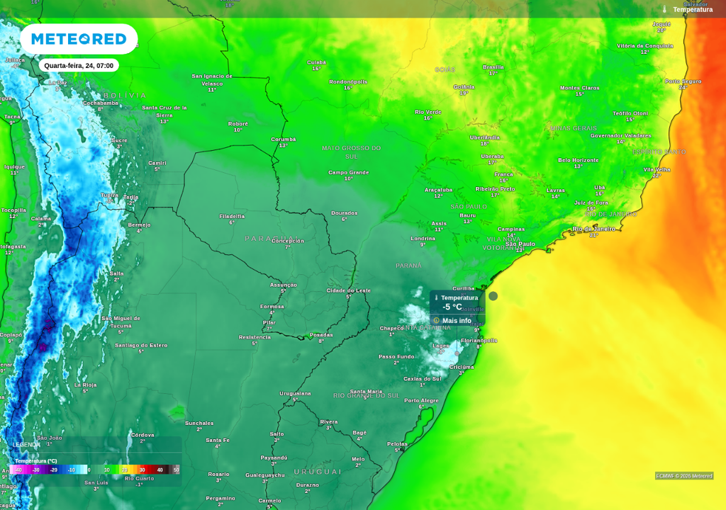 Previsão de temperatura mínima nesta quarta-feira (24), segundo o ECMWF. Previsão de temperatura mínima nesta quarta-feira (24), segundo o ECMWF.