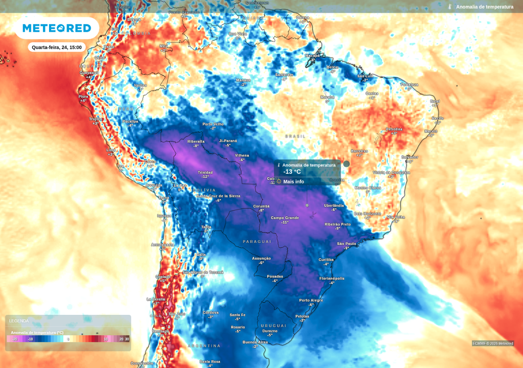 Previsão de anomalia de temperatura máxima para quarta-feira (24), segundo o ECMWF. Previsão de anomalia de temperatura máxima para quarta-feira (24), segundo o ECMWF.