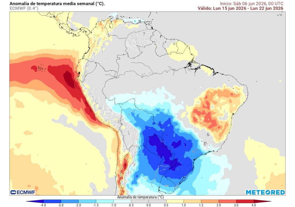 Previsão de anomalias de temperatura entre os dias 15 e 22 de Junho mostra que uma massa de ar frio manterá as temperaturas muito abaixo da média ao longo da semana que vem.