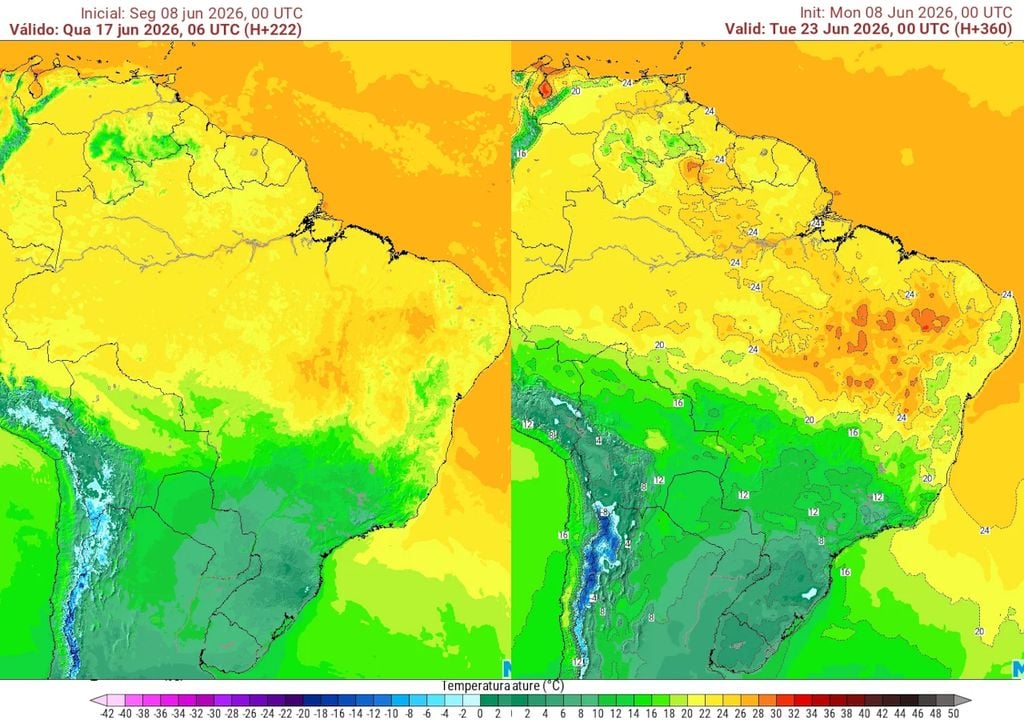 Previsões de temperatura no dia 17 (esquerda, modelo ECMWF) e 23 (direita, modelo GFS) mostram que haverá condições para formação de temperaturas negativas na região Sul.
