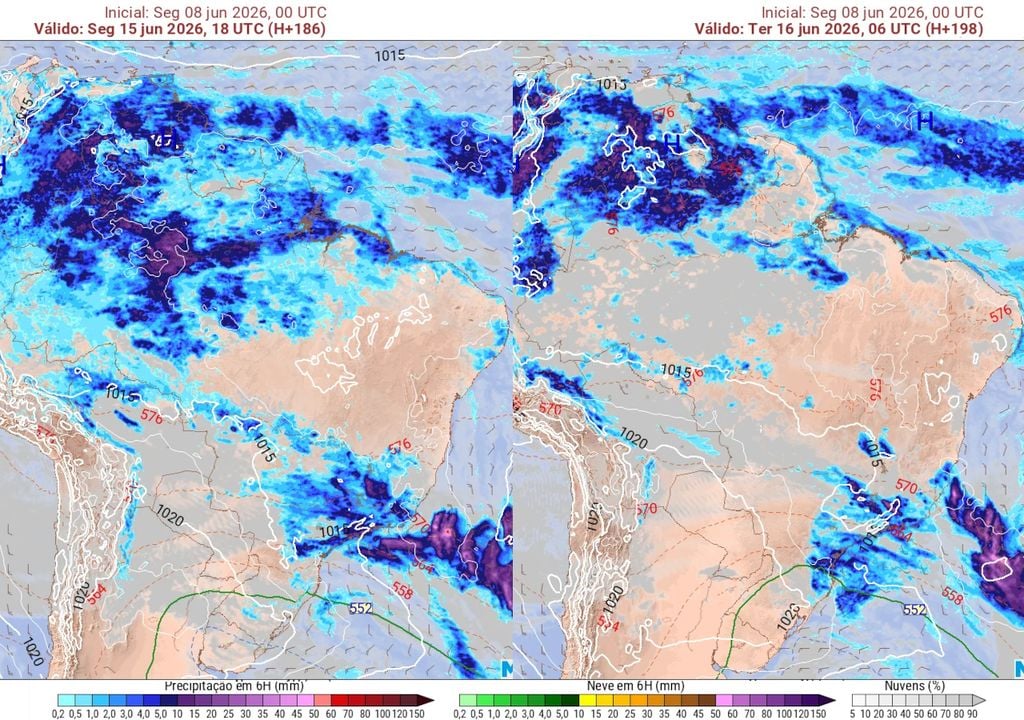 Previsão de chuva (tons azulados) e isoterma de 0°C (linha verde) mostra que haverá condições para formação de precipitação invernal em parte do Rio Grande do Sul e de Santa Catarina.