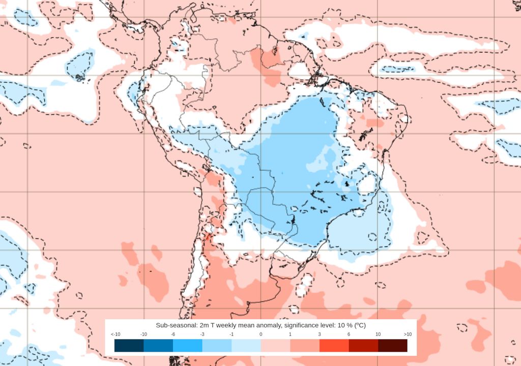 Previsão de anomalias de temperatura entre os dias 22 e 29 de Setembro.