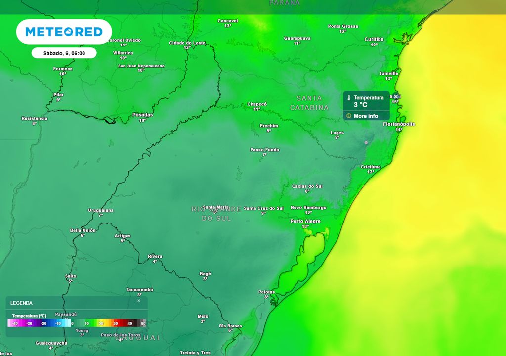 Previsão de temperaturas mínimas no sábado de madrugada.