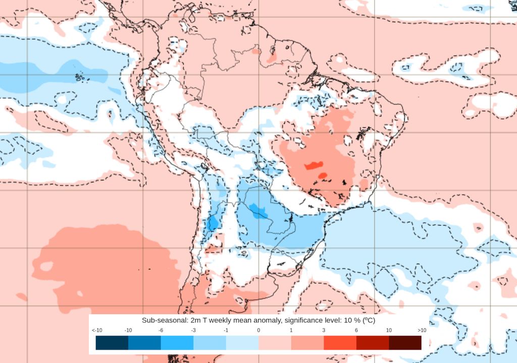 Previsão de anomalias de temperatura do modelo ECMWF entre dias 08 e 15 de setembro.