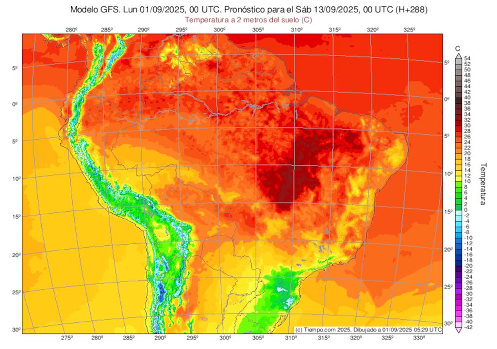 Previsão de temperaturas mínimas na madrugada do dia 13 de setembro.