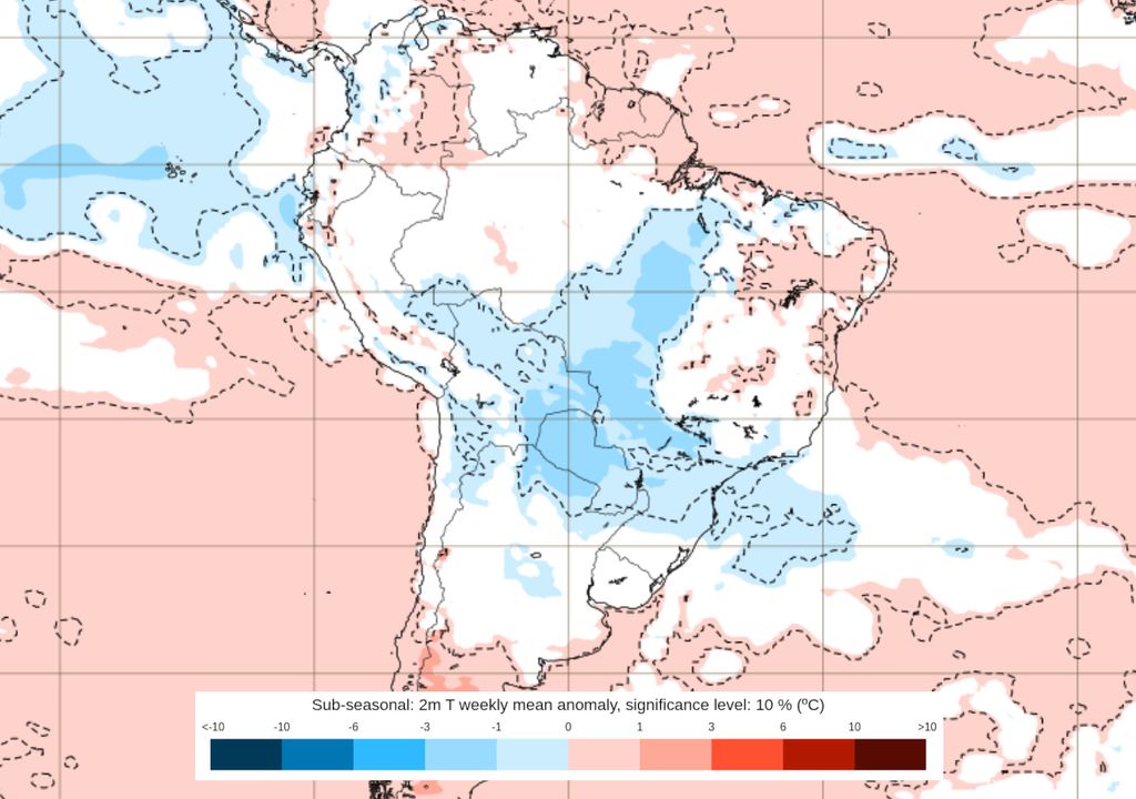 Previsão de anomalias de temperatura do modelo ECMWF entre dias 22 e 29 de setembro.