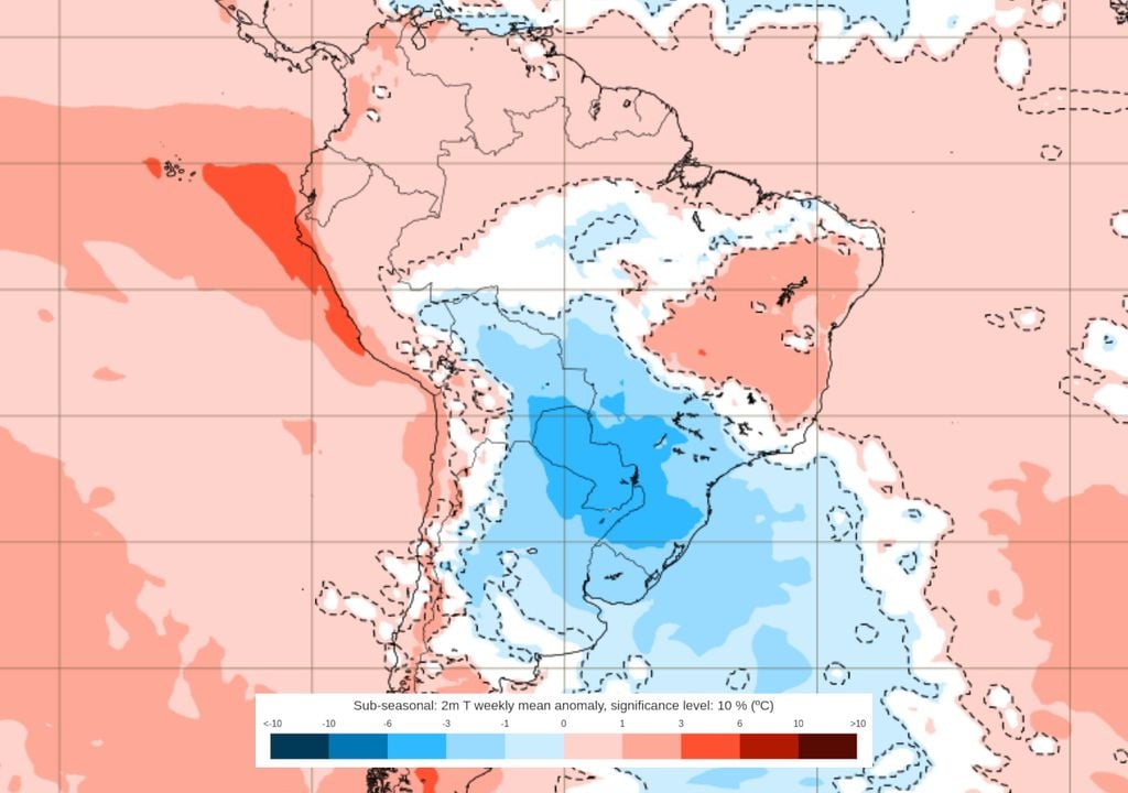 Previsão de anomalias de temperatura entre os dias 15 e 22 de Junho (ECMWF) Previsão de anomalias de temperatura entre os dias 15 e 22 de Junho mostra que uma massa de ar frio manterá as temperaturas muito abaixo da média ao longo da semana que vem. (ECMWF)