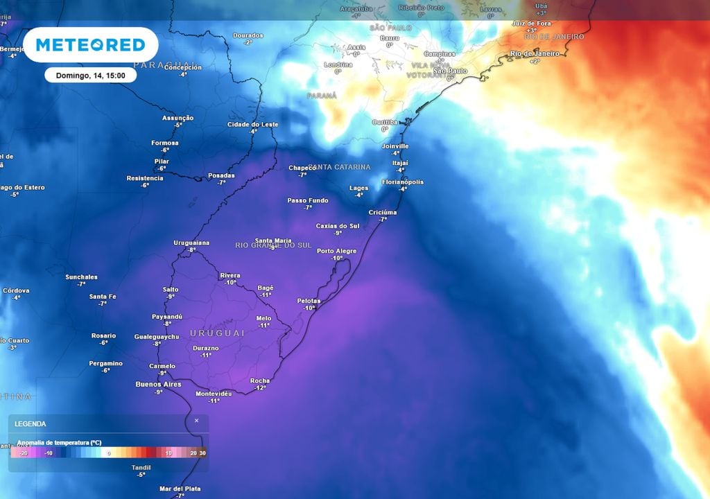 Previsão de anomalias de temperatura em 850 hPa no domingo durante a tarde. Previsão de anomalias de temperatura em 850 hPa no domingo durante a tarde mostra a primeira massa de ar frio avançando pela região Sul e começando a fazer as temperaturas caírem.