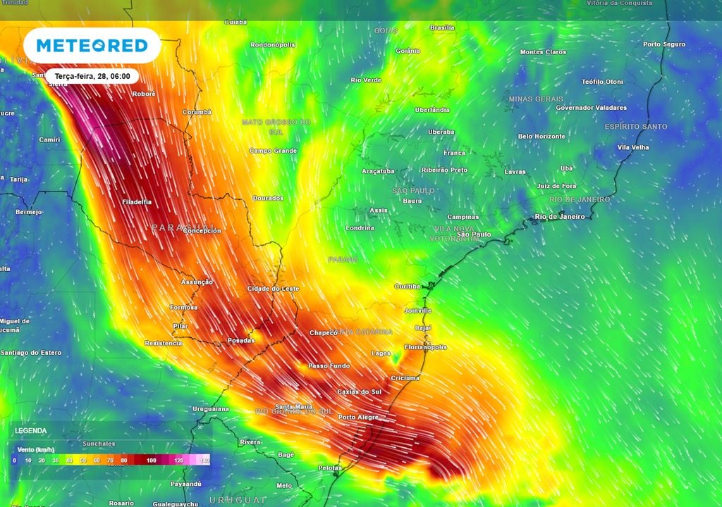 Previsão de velocidade dos ventos a 850 hPa na terça-feira durante a manhã. Previsão de velocidade dos ventos a 850 hPa na terça-feira durante a manhã mostra a presença de um jato de baixos níveis sobre o Rio Grande do Sul, impulsionando a formação de tempestades.