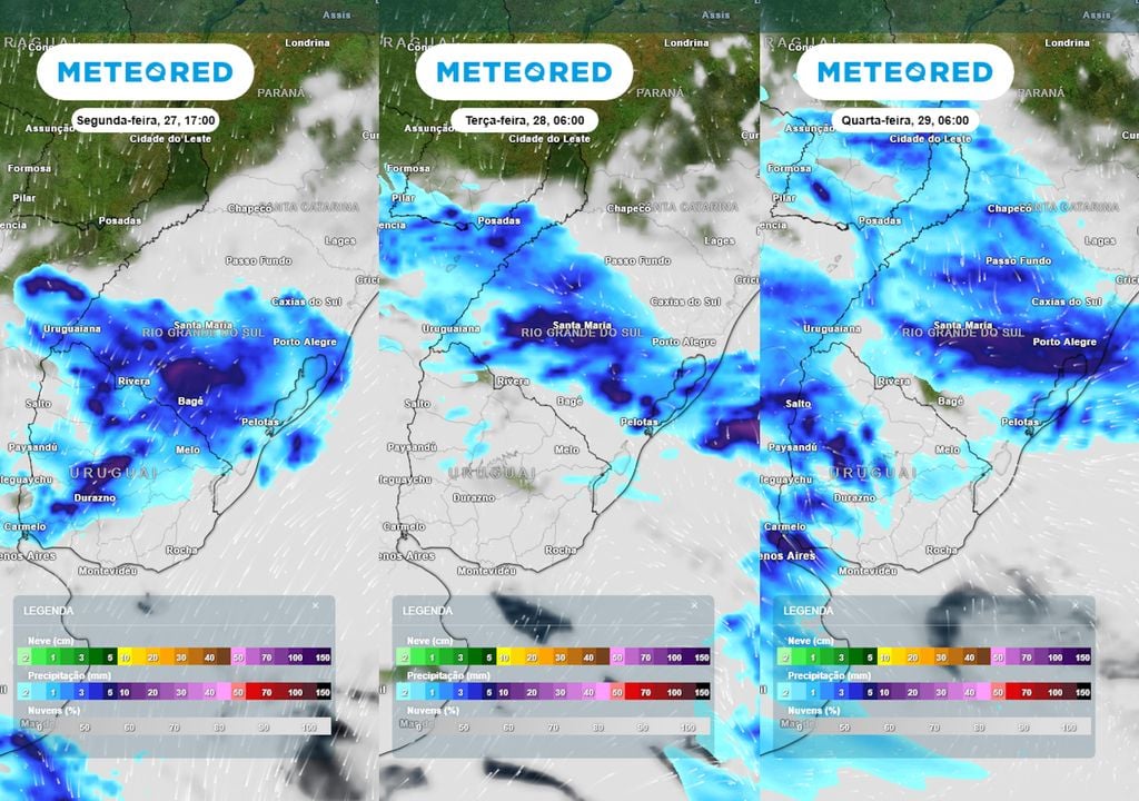 Previsão de nebulosidade e chuva na segunda-feira, terça-feira e quarta-feira. Previsão de nebulosidade e chuva na segunda-feira, terça-feira e quarta-feira mostram a formação de tempestades sobre o Rio Grande do Sul, que podem resultar em grandes transtornos.