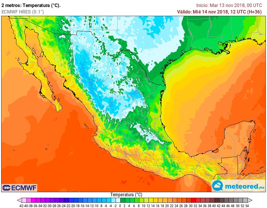Modelo ECMWF. Previsión de temperaturas mínimas, miércoles 6 am Modelo ECMWF. Previsión de temperaturas mínimas, miércoles 6 am