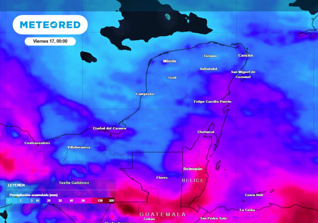 Pronóstico de lluvia acumulada para las próximas 96 horas en la Península de Yucatán..