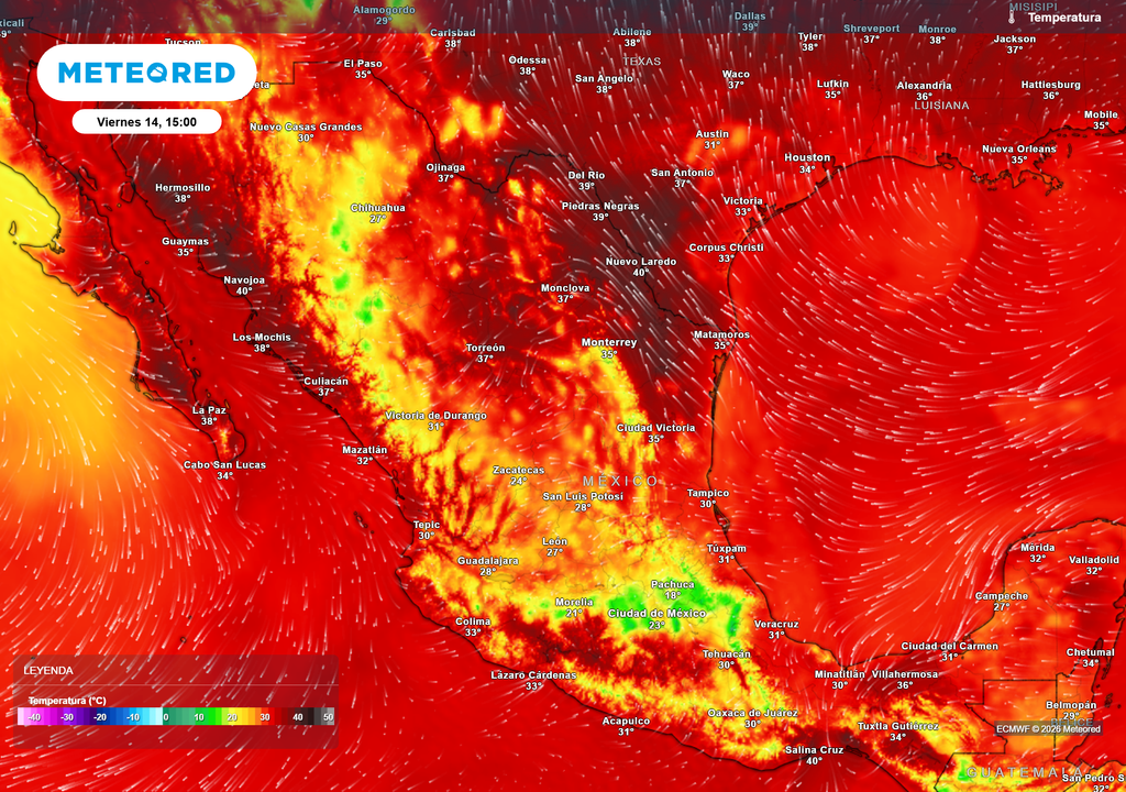 Pronóstico de temperaturas en grados Celsius El calor de verano continuará sintiéndose, aunque no tan extremo como semanas pasadas. En promedio de 35-45 °C en costas y estados del norte, refrescándose en zonas de lluvias.