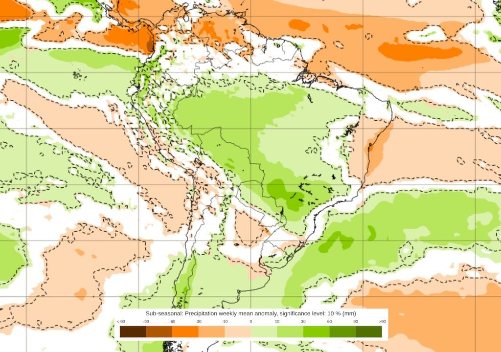 Previsão de anomalias de chuva entre os dias 8 e 15 de Junho mostra um aumento dos acumulados totais sobre a maior parte do Brasil ao longo da semana que vem. (ECMWF)