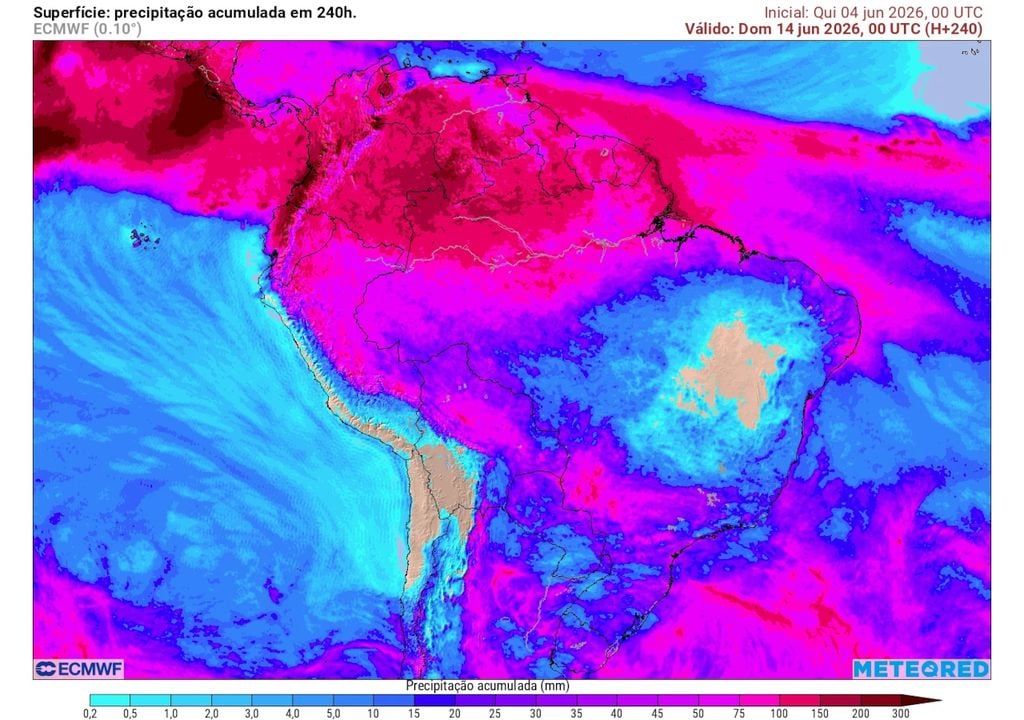 Previsão de acumulados totais de chuva até o final do domingo da próxima semana (dia 14) ilustra regiões que serão mais afetadas pela chuva ao longo da semana que vem no Brasil.