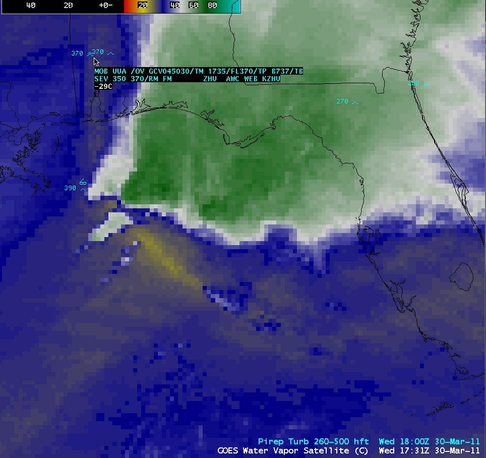Figura 3. Imagen GOES-13 del canal 6.5 µm de vapor de agua más informes pilots de turbulencia.