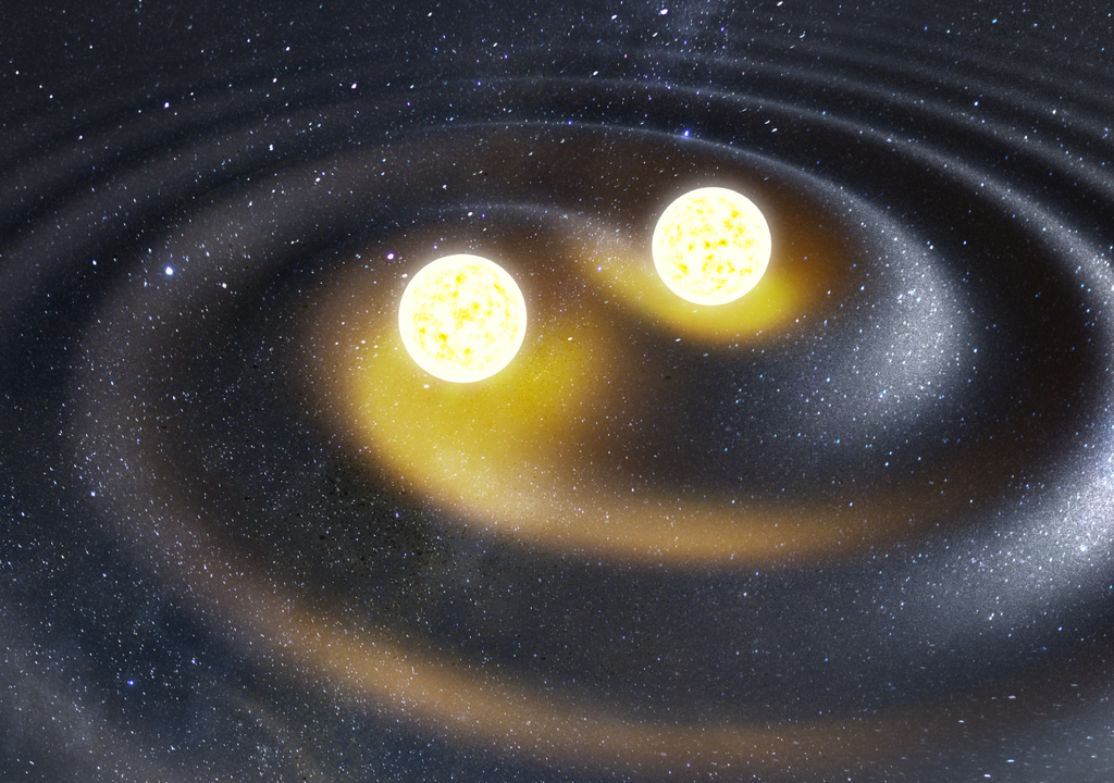 representación del choque de estrellas que producen ondas gravitacionales