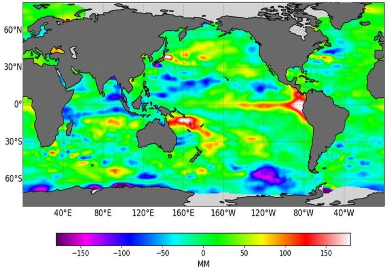 Imagen satélite Sentinel-6. Núcleo blanco con borde rojo ubicado frente a las costas de América Latina, simboliza las ondas Kelvin de abril 2023. Fuente: Laboratorio de Propulsión a Chorro.
