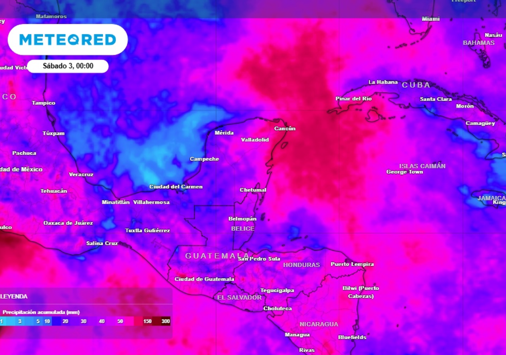 LLuvias Pronóstico de lluvia acumulada para las próximas 96 horas en la Península de Yucatán.