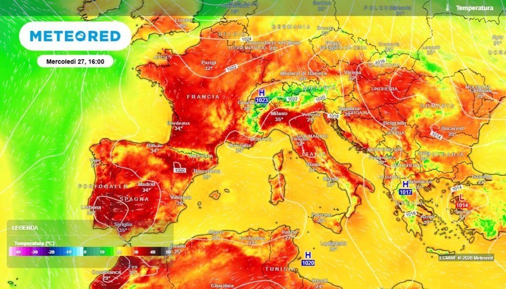 Le temperature sull'Europa occidentale di oggi, mercoledì 27 maggio (ore 16.00), mostrano ancora l'azione di intenso riscaldamento ad opera dell'anticiclone subtropicale.