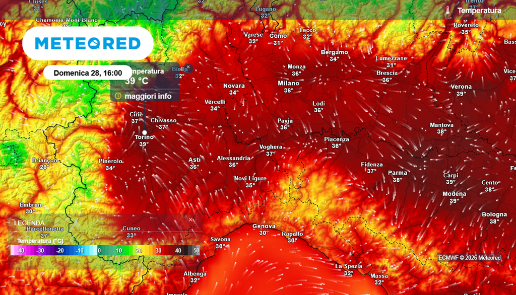 Domenica 28 giugno 2026: nel pomeriggio a Torino si toccheranno i +39°C. Tanto caldo anche nel resto della Pianura Padana.