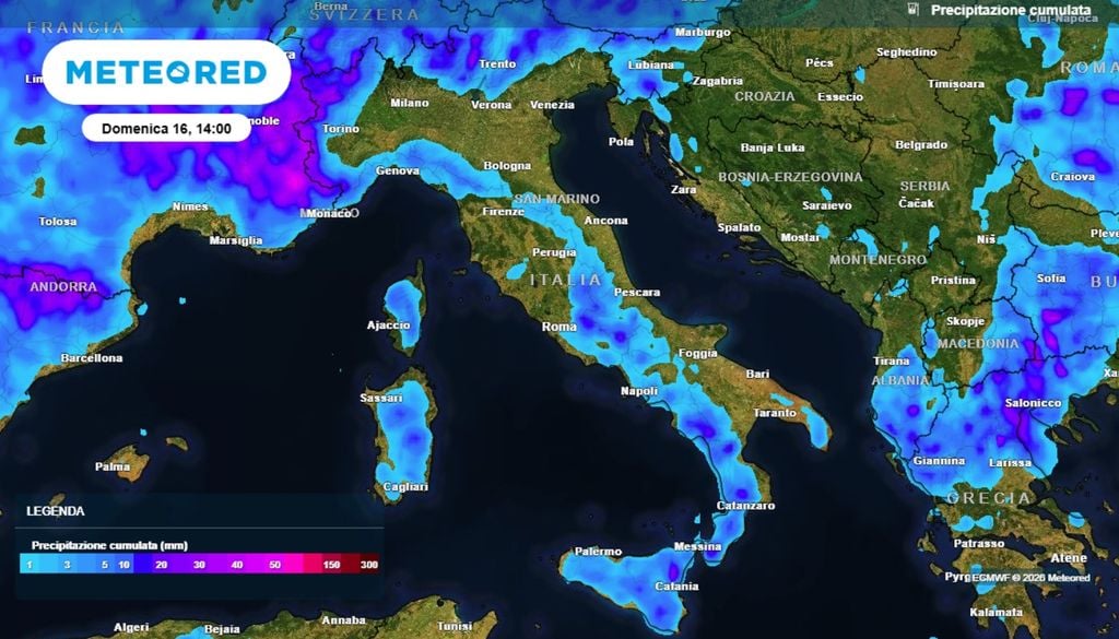 Accumuli di precipitazioni attesi per i prossimi giorni fino a domenica. L'instabilità dovrebbe riuscire a produrre precipitazioni, soprattutto soleare e montuose, alpine, prealpine e appenniniche, con locali sconfinamenti. ECMWF MeteoRed.