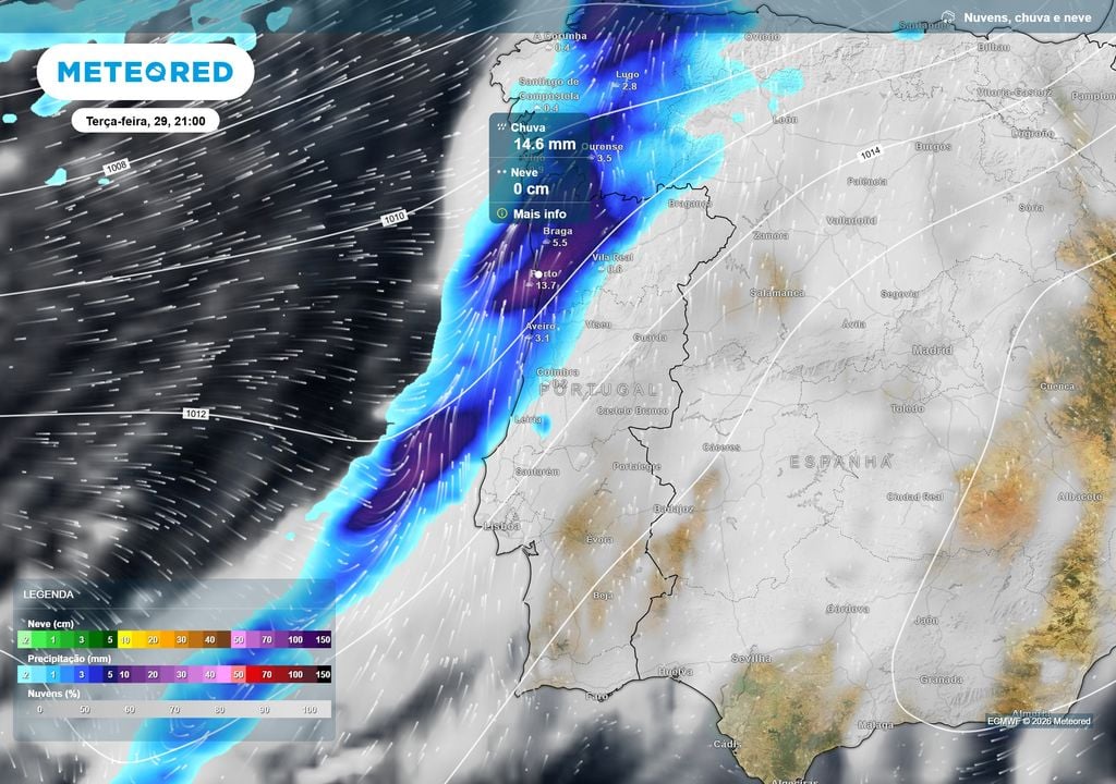 Precipitação A frente fria começará a atravessar Portugal pelo noroeste durante a tarde, trazendo chuva que ganhará intensidade ao longo da noite, sobretudo nas regiões Norte e Centro.