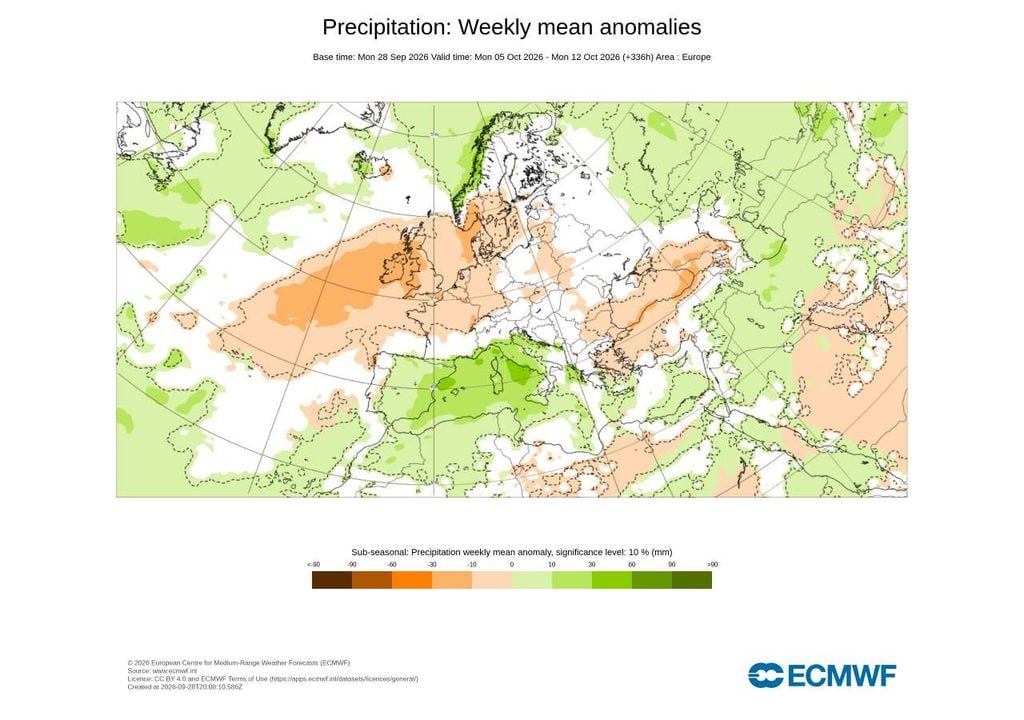 Anomalia semanal da precipitação Entre 5 e 12 de outubro, o ECMWF prevê precipitação próxima do normal em grande parte de Portugal, com algumas áreas fronteiriças a apresentarem um ligeiro sinal acima da média para a época.
