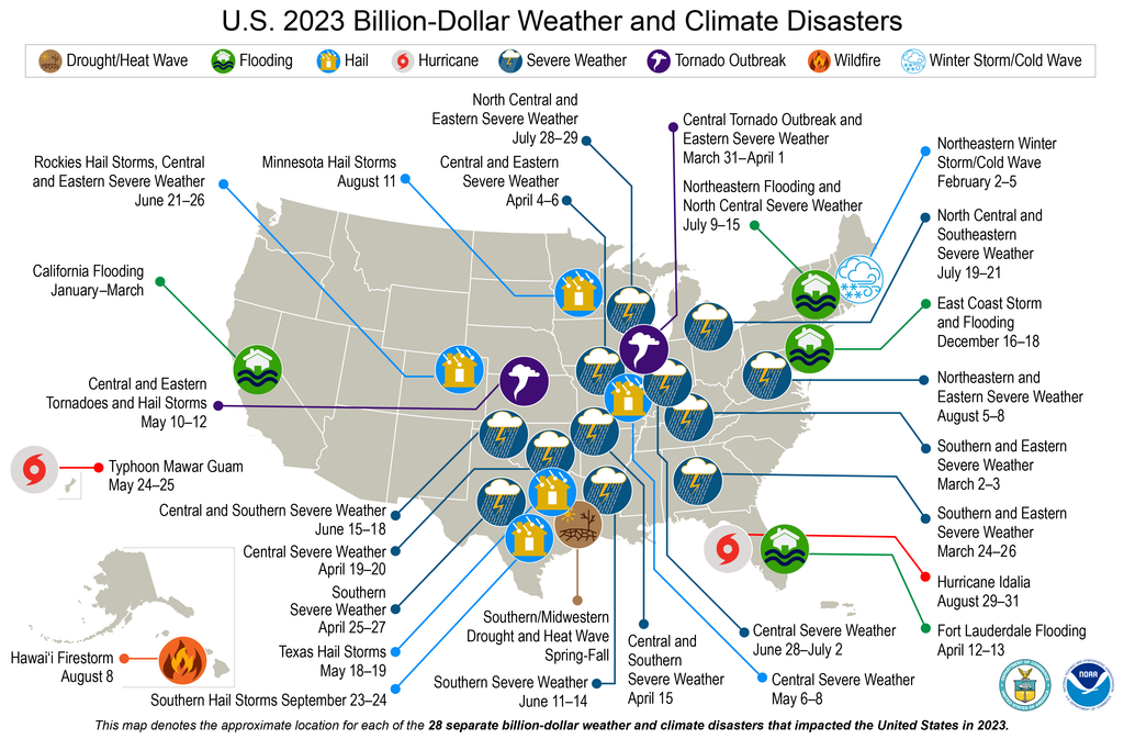 Billion-dollar weather disasters that struck the United States in 2023.