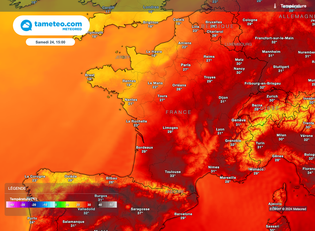 Important conflit de masses d'air entre le nord-ouest et le reste de la France.