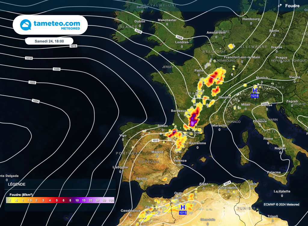 Des orages parfois forts à localement violents sont susceptibles de prendre place d'ici la fin d'après-midi de samedi.