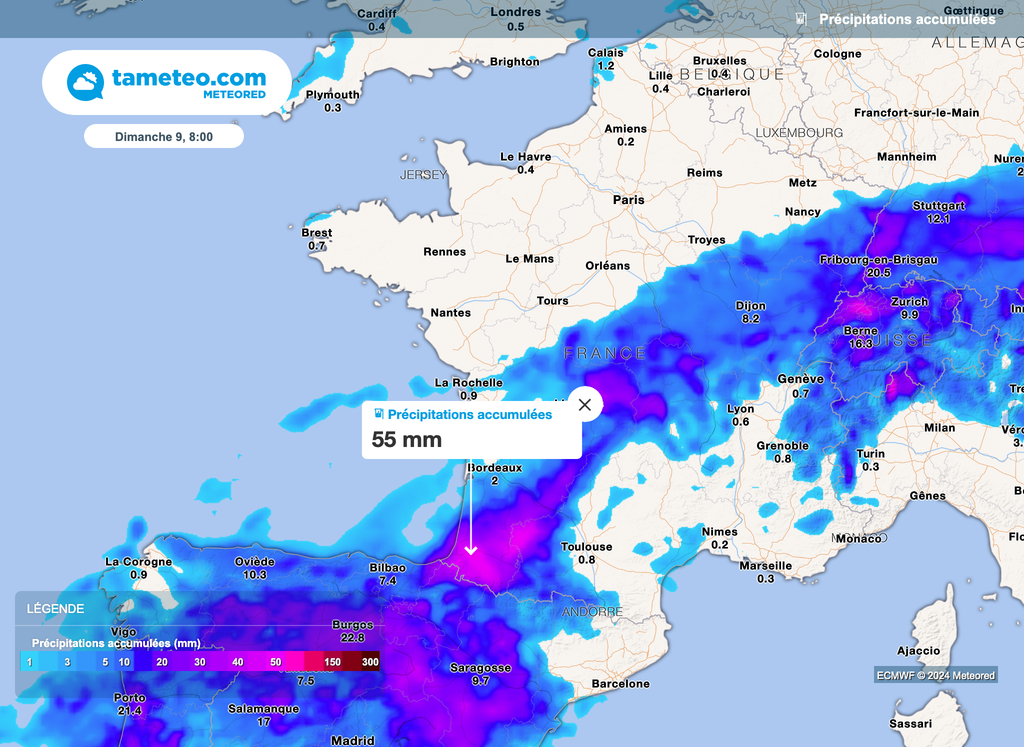 Près d'un mois de pluie peuvent tomber sur le pays-basque d'ici la nuit prochaine.