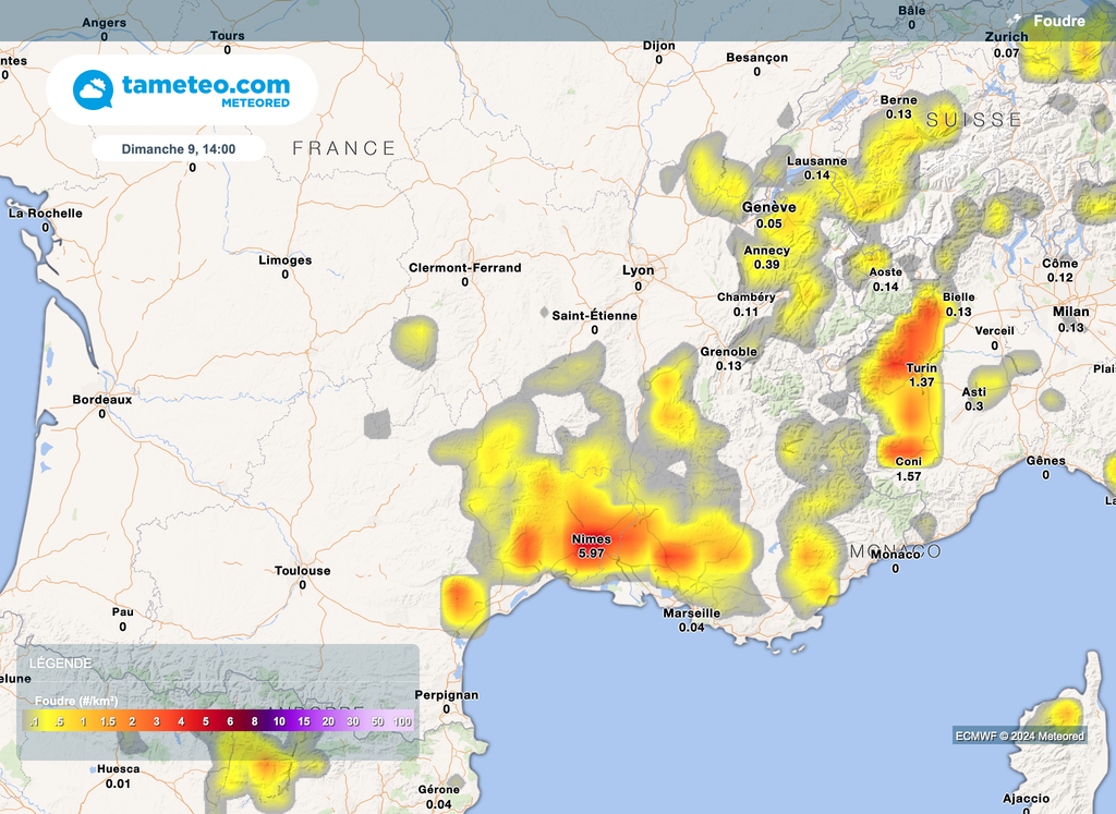 Les orages seront bel et bien présents dans le sud-est ce dimanche avec une intensité électrique parfois forte là aussi.