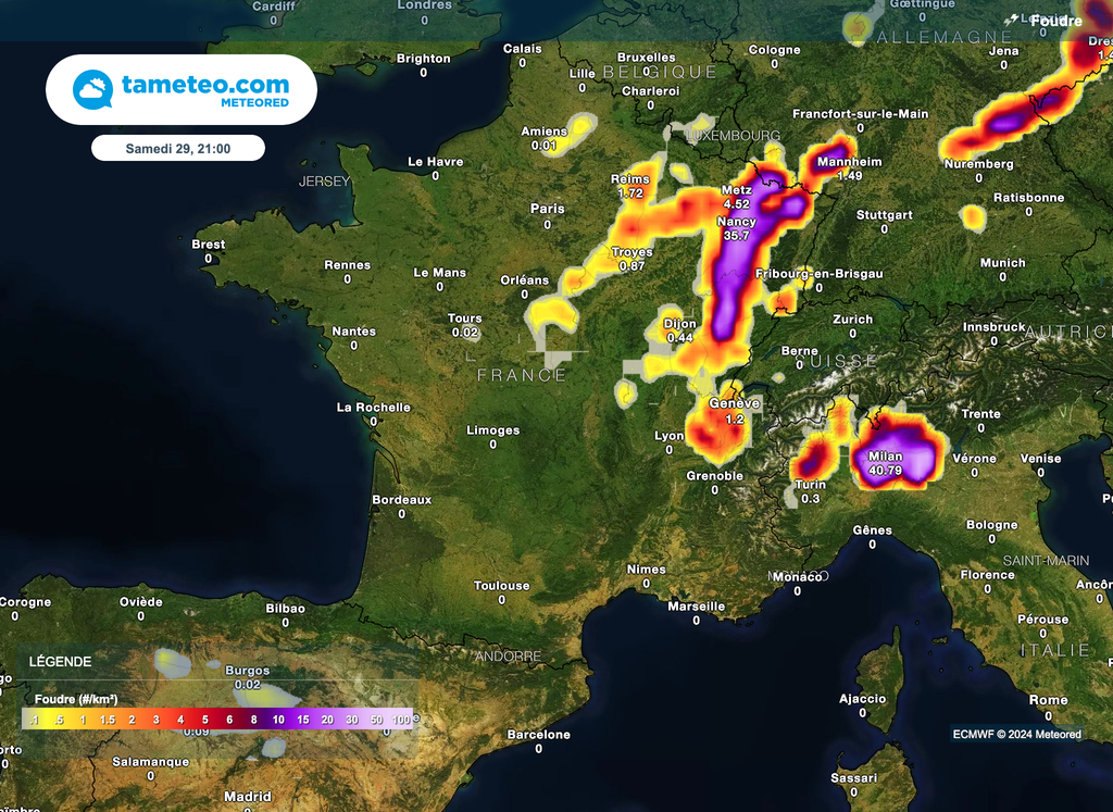 De violents orages sont à prévoir en direction d'un large quart nord-est d'ici ce soir et cette nuit.